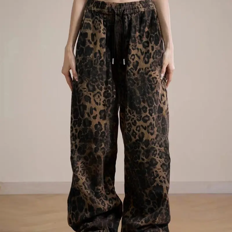 Women's Leopard Print Fashionable Drawstring Waist Sweatpants, Casual Elastic Waist Pocket Wide Leg Trousers for Fall & Winter, Women's Casual Chic Bottoms for Daily Wear, Casual Streetwear Pants, Casual Elastic Waisted, Casual Fashion Comfy