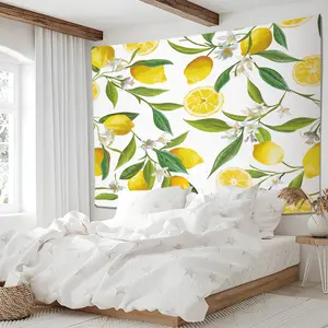 Lemon Print Tapestry, Modern Style Fresh Yellow Lemon Floral Wall Hanging Tapestries, Aesthetic Wall Blanket Backdrop Decor for Summer Bedroom Living Room  Dorm