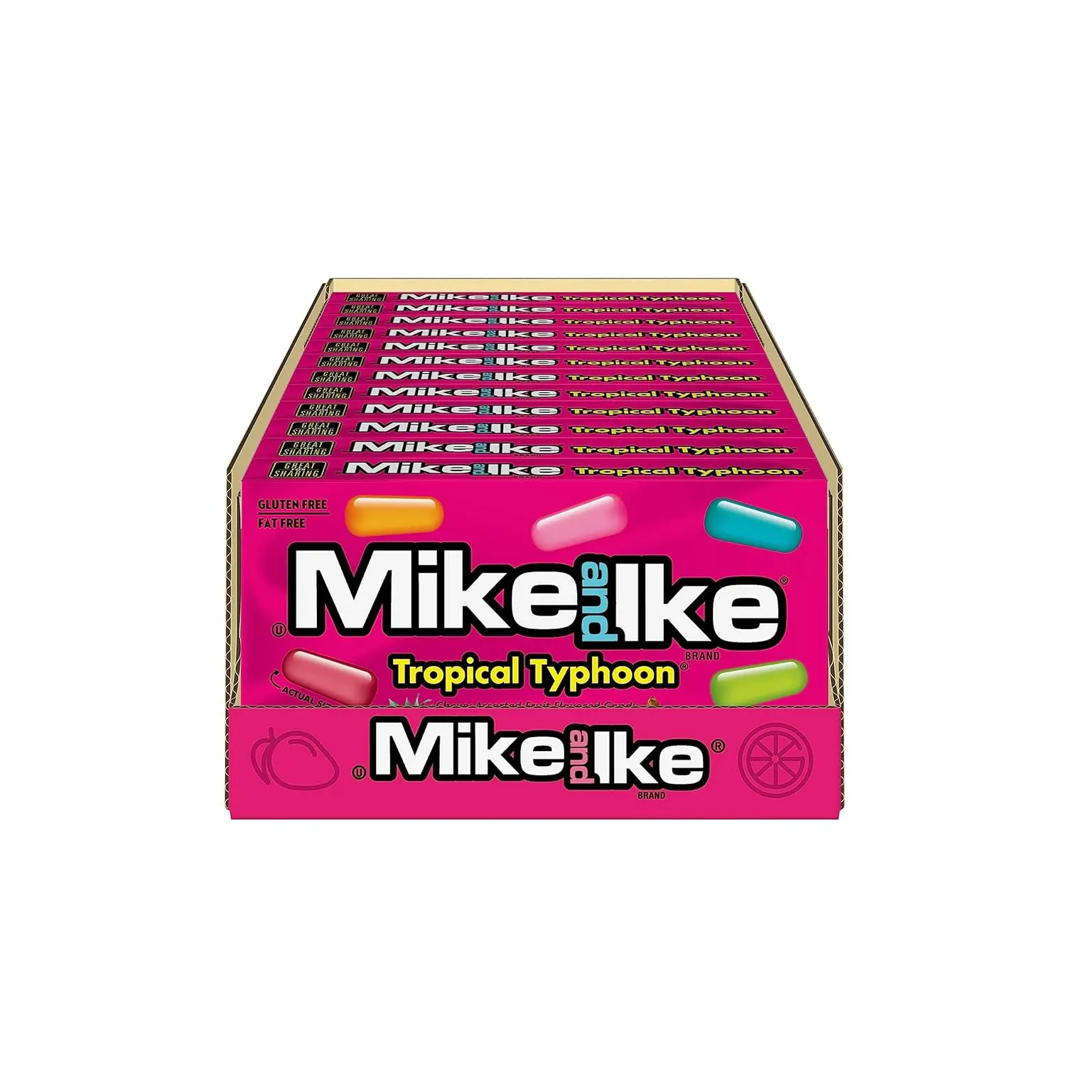 Mike & Ike Tropical Typhoon Theater Box 12 ct. - Sweet Soft and Chewy Candy with Tropical Fruits Flavor - 12 Count Pack Snack Bonbon Sugar Corn