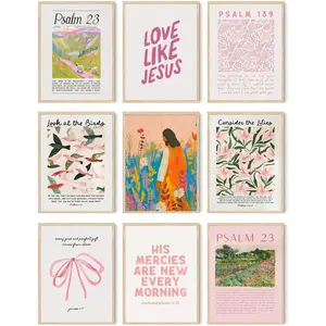 9pcs Christian Wall Art Bundle in Pink Bible Verse Paintings Pictures Wall decor Jesus Poster Printing Artworkfor Girls Room Christian Housewarming Gift Fashionable college style Home Decoration