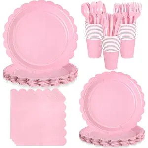 175 count Light Pink Scalloped Plates and Napkins, Pink Disposable Plates Set with Napkins Cups Plastic Spoons Forks  for Birthday  Shower Gender Reveal Party Supplies Serve 25 Guests