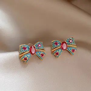 Vintage Minimalist Bow Stud Earrings, Blue Zirconia Inlaid Ear Jewelry, Elegant Versatile Ornament, Exquisite Daily Accessory for Women Dating Wear And Thoughtful Holiday Gifting,summervibes