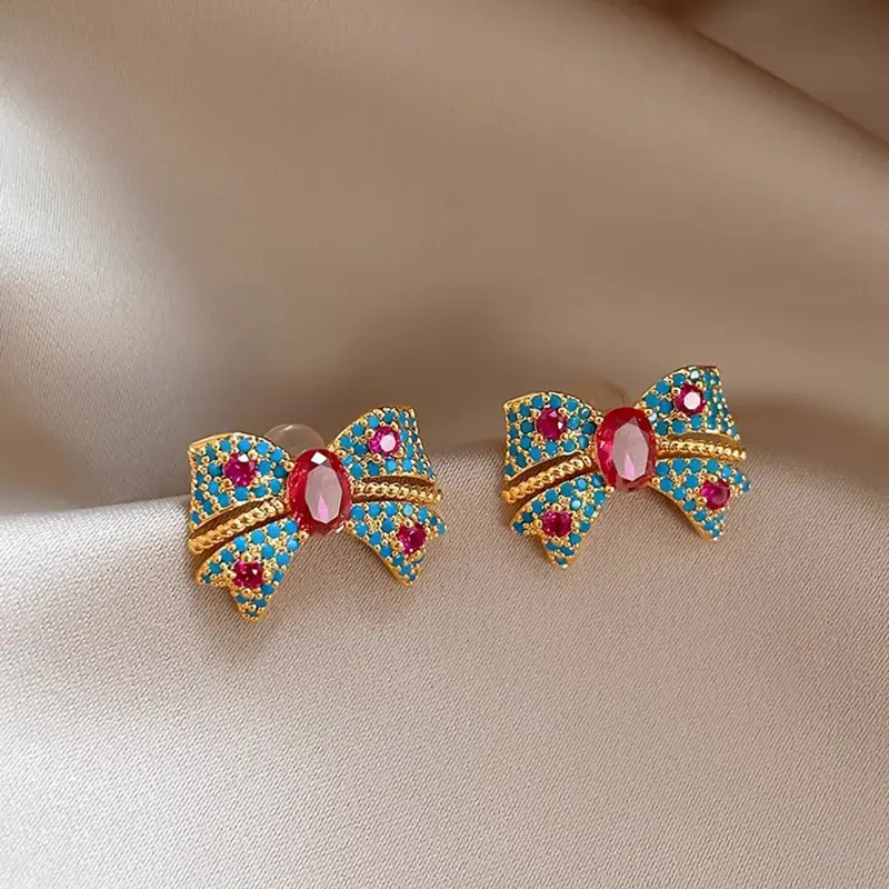 Vintage Minimalist Bow Stud Earrings, Blue Zirconia Inlaid Ear Jewelry, Elegant Versatile Ornament, Exquisite Daily Accessory for Women Dating Wear And Thoughtful Holiday Gifting,summervibes