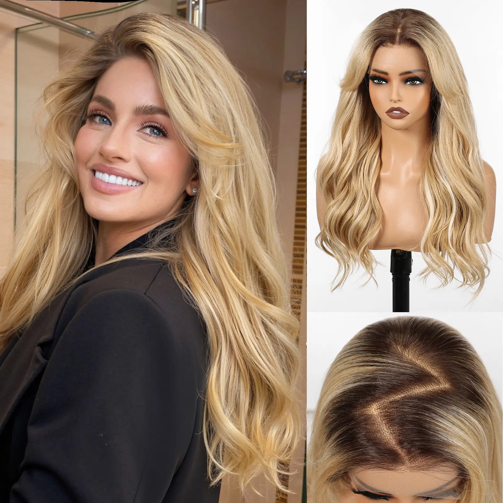 HAIRCUBE 13x6 Lace Front Wig 22 Inch Wave Wig Ombre Blonde Highlight Synthetic Hair for Women Daily Use Natural Look