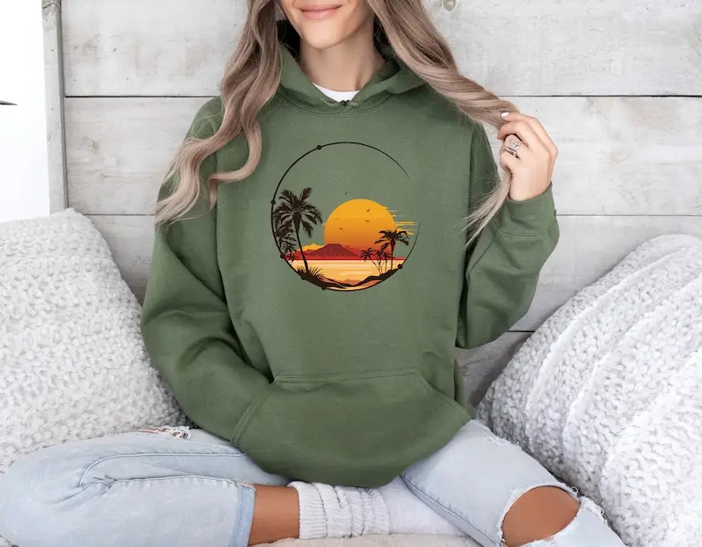Retro Sunset Hoodie, Sunset Chaser Hoodies, Beach Hooded Sweatshirt, Tropical Hoodie, Island Vacation, Nature Lover Gift, Unisex, Palm Tree