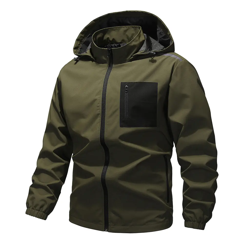 Men’s lightweight detachable hooded windproof jacket with reflective strips, waterproof tactical outdoor outerwear featuring zippered pockets—casual rainwear for hiking and cycling
