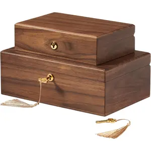 Walnut Storage Boxes with Locking Lid Set of 2 Decorative Solid  Storage Baskets Lockable  Wooden Memory Box Chests for Keepsakes Photos  Desktop Organizer Container