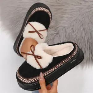 Women's Fuzzy Bow Platform Slippers Cozy Winter  Mini Snow Boots Fleece Indoor Outdoor Anti-Skid Shoes