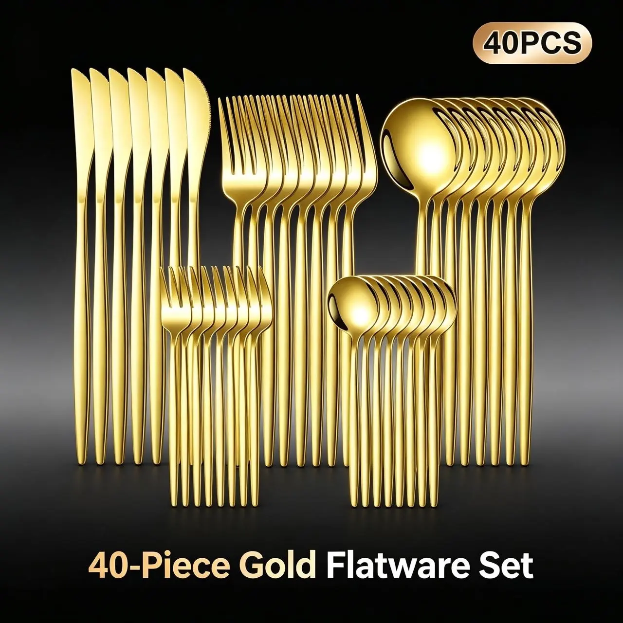 40-Piece Gold Stainless Steel Cutlery Set for 8 - Mirror Finish Kitchen Tableware Service Set with Essential Accessories & Supplies, Gold Cutlery Set