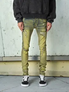 Men's Slim Fit Elastic Denim Jeans with Ripped Details, Casual Streetwear Pants for Daily Wear, All Seasons Fashion