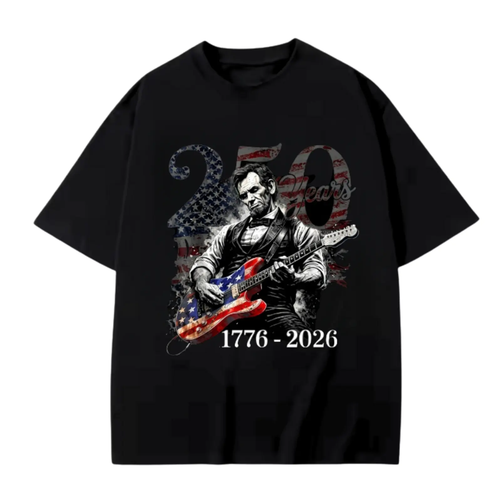 Abraham Lincoln 250 Years T-Shirt, 1776-2026 USA Anniversary Guitar Graphic Tee, Patriotic Freedom President Shirt, American Flag Music Apparel For Men Women
