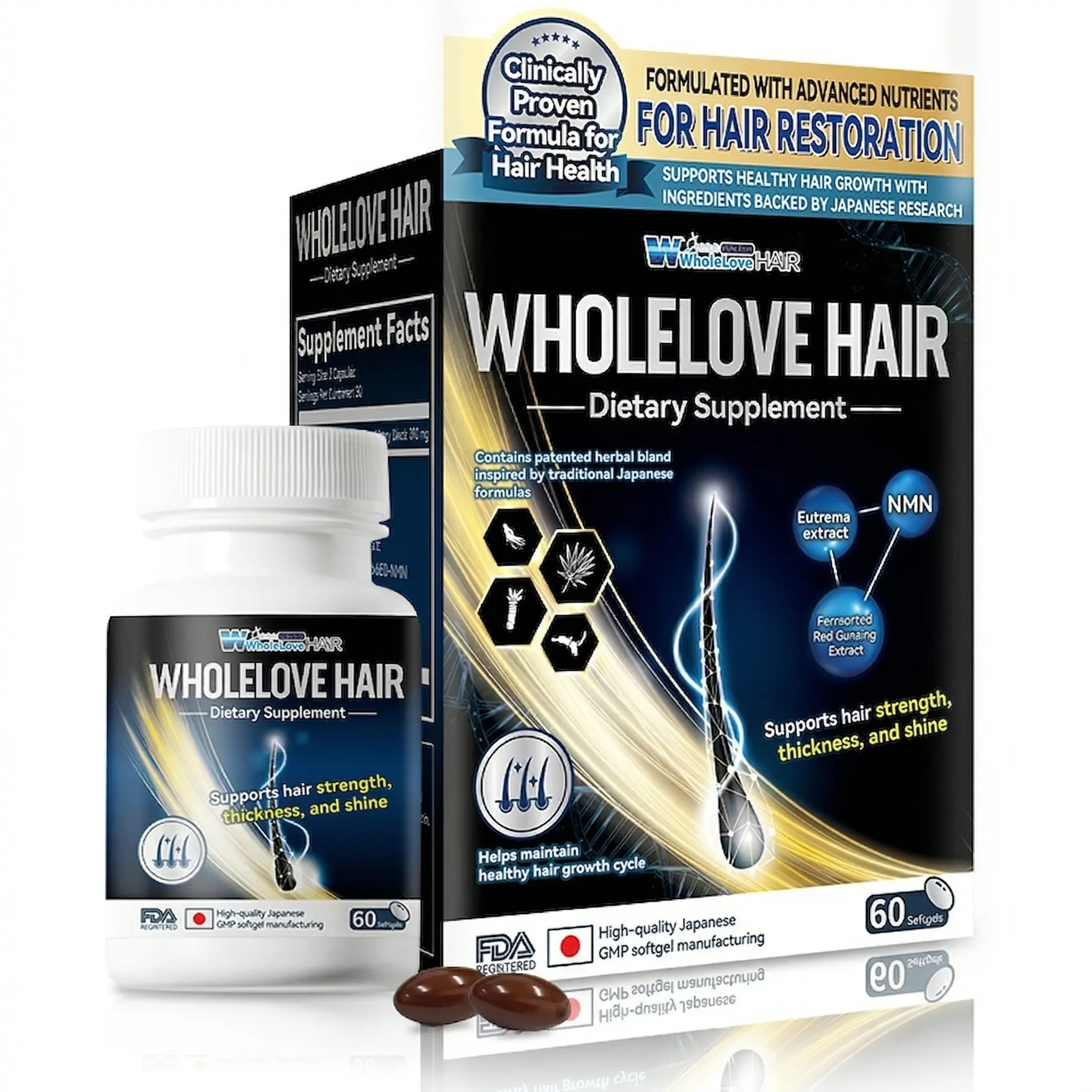 GMO-Free Wasabi & NMN Formulated Saw Palmetto Liquid Hair Growth Softgels - Botanical Adults' Supplement - 60 Servings, 18+ - Scalp Care, Anti-Oxidants, Thicker Strands, Skin Wrinkle & Fine Line Support