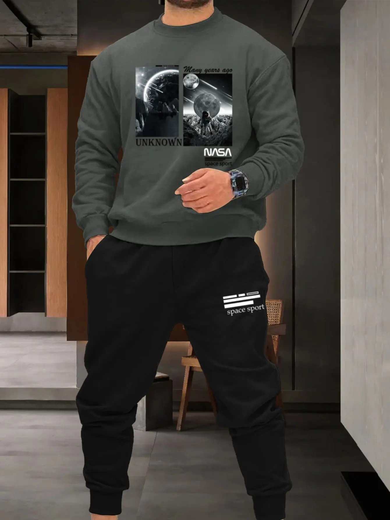 Manfinity Homme Men Astronaut & Letter Graphic Sweatshirt & Drawstring Waist Sweatpants