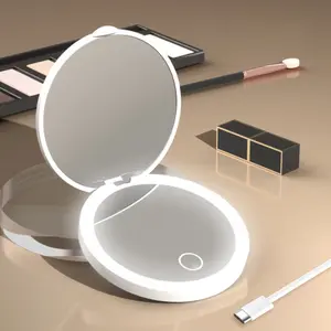 Travel Compact Magnifying Makeup Mirror with Lights -Led Lighted Portable Mirror, Rechargeable Small Foldable 3 Color Lighting Mirrors