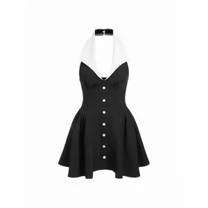 Cider Colorblock Halter Neckline Flared Mini Dress