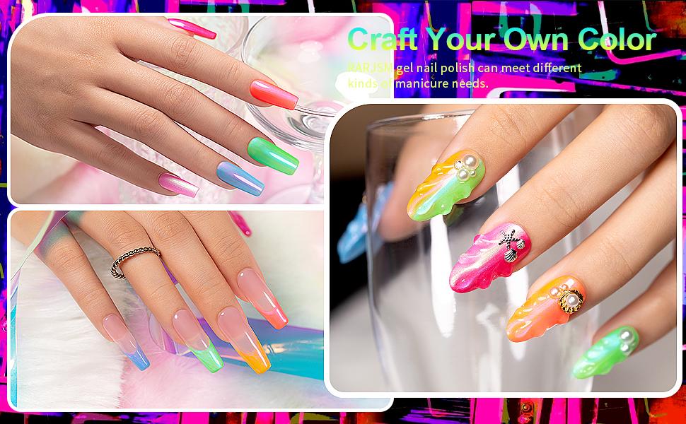 RARJSM Neon Pearl Gel Nail Polish Set 6 Bright Colors Green Blue Yellow Orange Red Pink Rainbow Iridescent Mermaid Shell Glitter Polish Shimmer Multichrome Swirl Thread Effect Curing Requires UV/LED