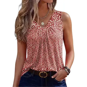 Tank Tops Summer Sleeveless Loose Fit Tops V Neck Pleated Shirts Basic Tees Dressy Casual Trendy Clothes