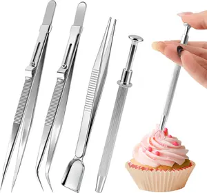 4pcs Cake Decorating Tools Set, Stainless Steel Sprinkle Pen Pearl Grabber with 4 Claws, Professional Cake Tweezers with Shovel Head for Baking Cookies Cupcake Decoration