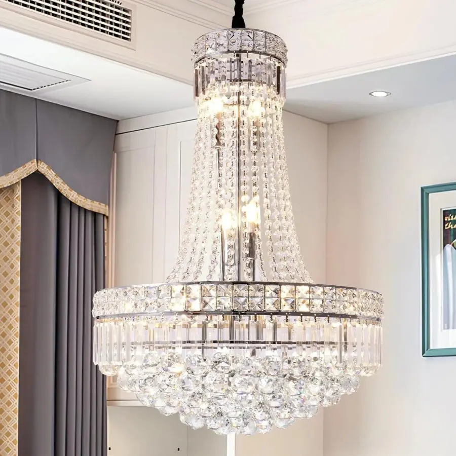 23.6in Silver Wrought Iron Crystal Chandelier, 13-Light E14 Hardwired Adjustable Chain 6-Tier Clear Crystal Beaded Pendant Light for Foyer Living Room Staircase Decor