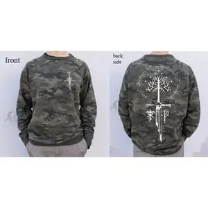 Men's Military Green Camouflage Crew Neck Sweatshirt, Fantasy Tree & Sword Element Print, American Pop Culture Street Trend Casual Loose Pullover Top