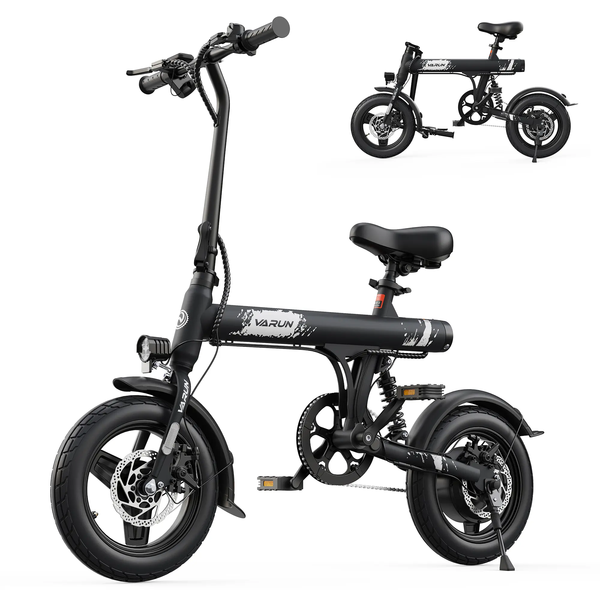【VARUN】Adult UL-Certified Compact Electric City Bike, 14-in, 500W Peak Power, 20 mph Top Speed, 280.8 Wh Lithium-Ion Battery, 25-mi Range, Front-Rear Disc Brakes, Anti-Theft Battery Protection, Shock Absorption, City Bikes