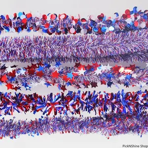2M Patriotic Tinsel Garland - Red White Blue Star Design, Stripe Ribbon With Round Wide Leaf Pieces, Indoor Outdoor Home Decor For Independence Day Celebrations