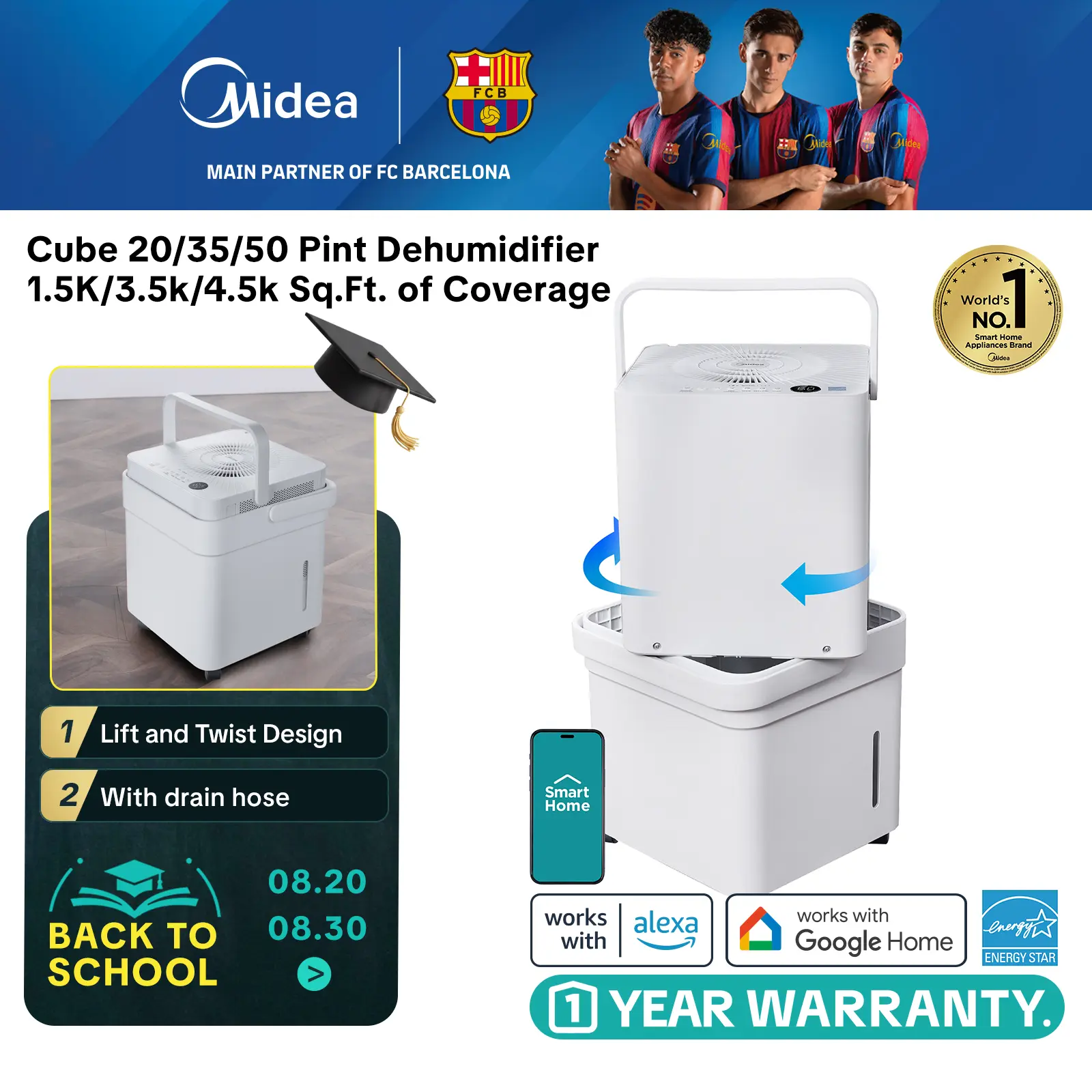 Midea Cube 20 Pint Dehumidifier for Basement and Rooms at Home, Smart Control, ENERGY STAR Efficient, Includes Drain Hose