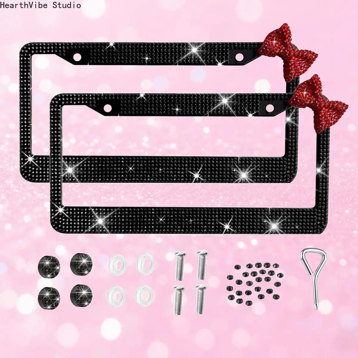 Women's Bling Pink Rhinestone Bowknot License Plate Frames, Sparkly Stainless Steel Universal US Standard Girly Car Accessory Women's Bling Pink Rhinestone Bowknot License Plate Frames, Sparkly Stainless Steel Universal US Standard Girly Car Accessory