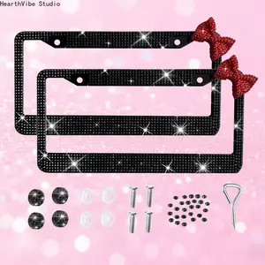 Luxury Rhinestone Bowknot License Plate Frame, Bling Pink Bow Stainless Steel Tag Holder, Universal US Standard Acrylic Sparkly Auto Decor for Women Girls