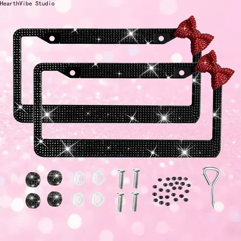 Women's Bling Pink Rhinestone Bowknot License Plate Frame - Sparkly Stainless Steel Universal US Standard Automotive Girly Cute Car Accessory (Sports & Outdoor Compatible), Girly Car Accessories