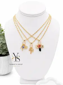 Yordy 14k Gold Plated Multi-Charm Gigi Necklace, 20in Gold Necklaces with Unique Protection Charm for Daily Wear