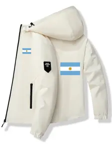 Men's Fashion Jacket with Argentina Flag Logo, Zipper Pockets, Casual Hooded Design, Polyester Material, Spring & Fall Wear