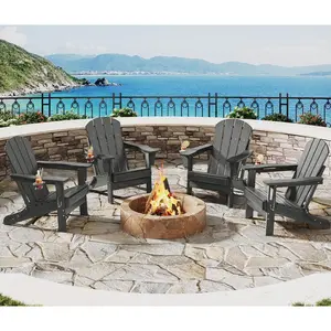 Folding Adirondack Chair Set of 4, All-Weather HDPE Outdoor Chair, Wooden Textured with Cup Holder for patios, Decks, Gardens, fire pits, Grey