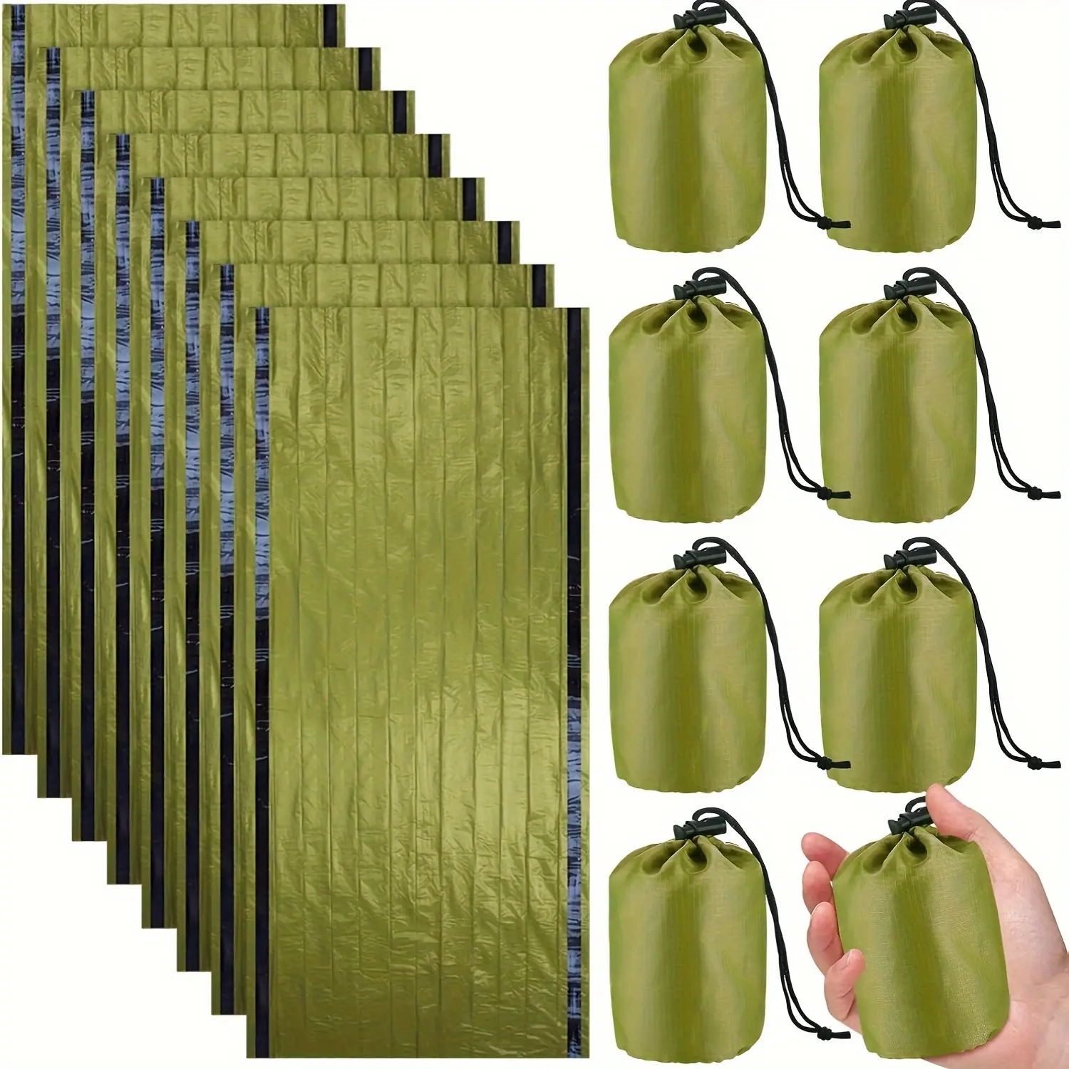 8-Piece Warm Sleeping Bag Set, Emergency Rescue Sleeping Bag, Lightweight Portable Hiking Camping Outdoor Adventure Emergency Supplies, Lightweight Portable Sleeping Bag, Green
