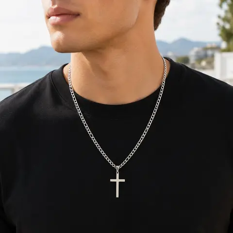 CaptainSteeL Geometric Cross Necklace for Church, Stainless Steel Cuban Link Chain (22-24in), Durable Fashion Jewelry Accessory, Gift for Jewelry Lovers