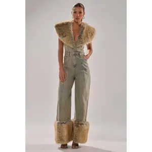 TALK THAT TALK DENIM FUR JUMPSUIT IN VINTAGE BLUE