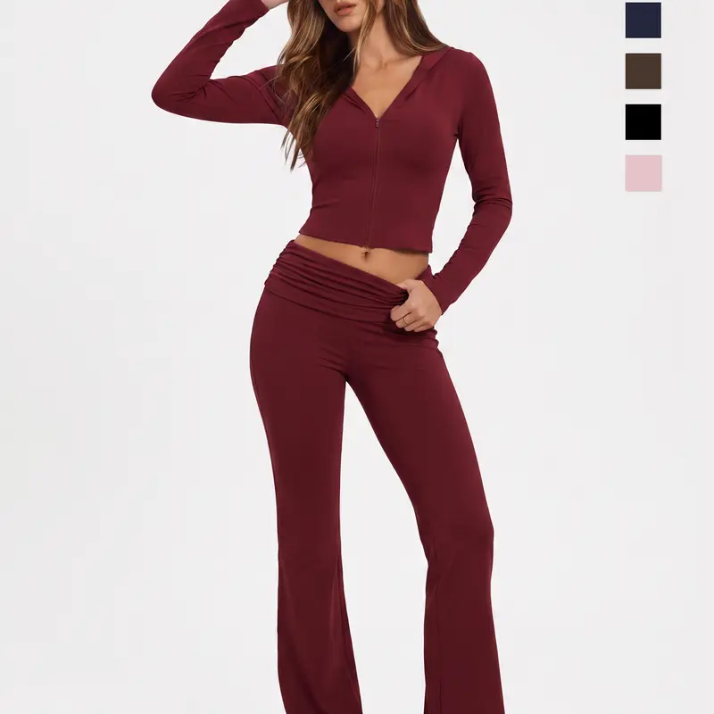 WIETRY Women's 2 Piece Matching Sweat Set - Zip-Up Hooded Long-Sleeve Cropped Jacket & Fold-Over Waist Flared Pants, Stretchy Skin-Friendly Breathable Polyester Clothing, Tummy Control, for Casual Daily Wear & Gym/W25
