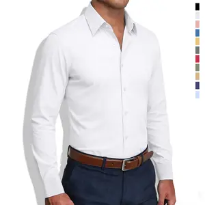 Light stretch — men’s long-sleeve shirt; casual business button-front shirt suitable for semi-formal and business-casual occasions; men’s dress lining; solid-color pointed-collar button-front long-sleeve shirt; menswear