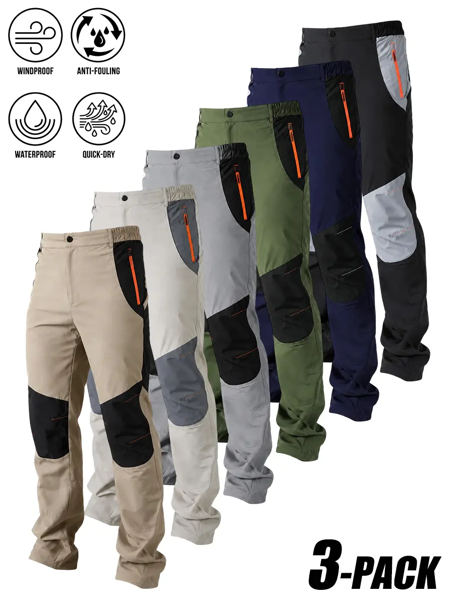 3Pcs Lightweight Quick Dry Hiking Trousers for Men, Windproof Waterproof Outdoor Pants, Convenient Zipper Pockets, Versatile Bottoms Suitable for All Season Outdoor Sports