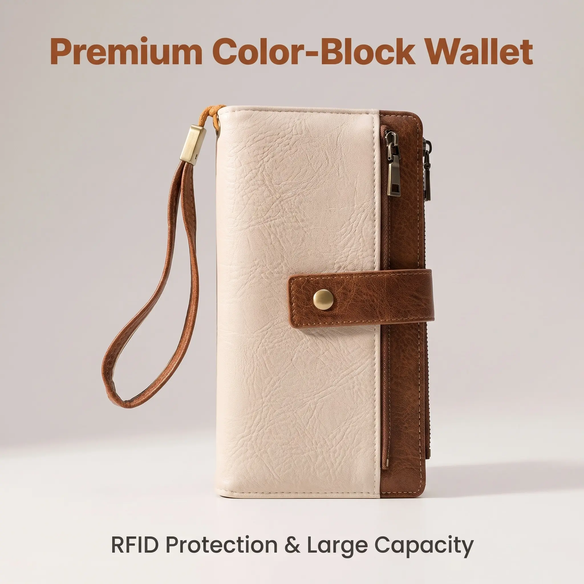Women's Leather Long RFID Blocking Wallet - Casual Chic, High-Capacity Compartmentalized Multi-Purpose Solid Color Brown/White Clutch, Elegant Party Gift for Evening Festive Occasions