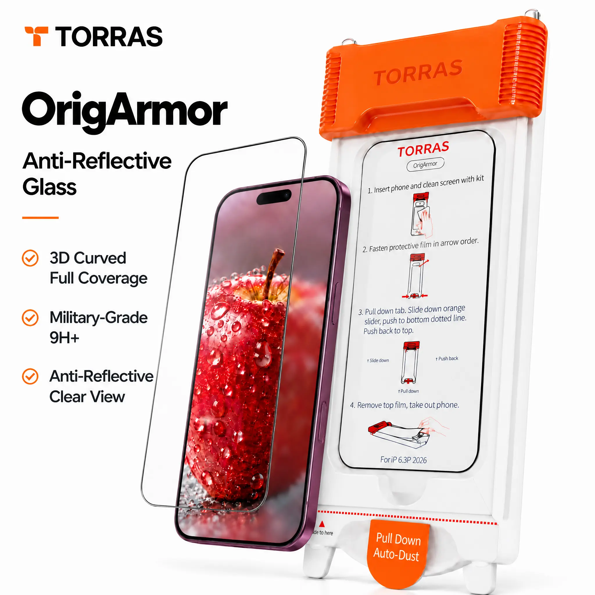 TORRAS OrigArmor 9H+ Tempered Glass Screen Protector for iPhone 17/18 Pro Max (6.9"), 1-Pack, 100% Anti-Reflection, 3D Full Coverage, Military-Grade Shatterproof, Shockproof, Anti-Scratch, Smartphone Cellphone Devices Protection