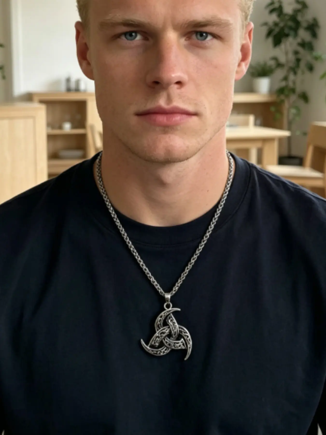 Viking Odin Horn Triangle Pendant Necklace, Dual-Sided Embossed Norse Symbol Stainless Chain, Men's Vintage Streetwear Jewelry