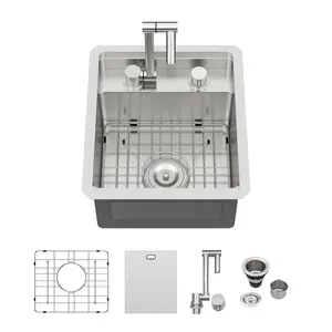 Logmey 15 Inch Outdoor Kitchen Sink Undermount 15x17 Stainless Steel 16 Gauge Handmade RV Sinks with Cover Foldable Faucet Single Bowl Bar Sinks 15x17x9