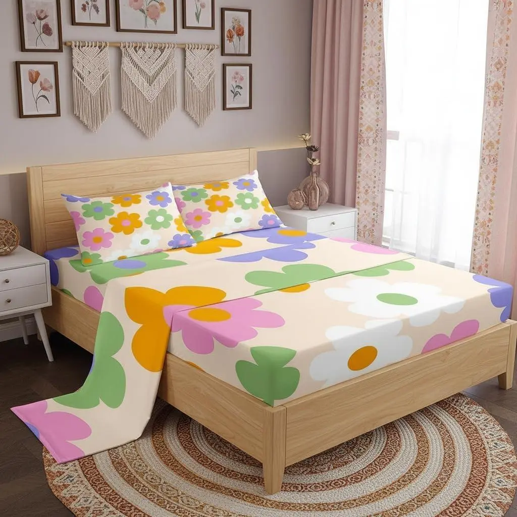 Girly Lovely Flowers Fitted Sheet Set,90s Groovy Daisy Colorful Lightweight Sheets Teens Room Decor,Cute Cartoon Floral Bedding Set,(1 Fitted,1 Flat,)