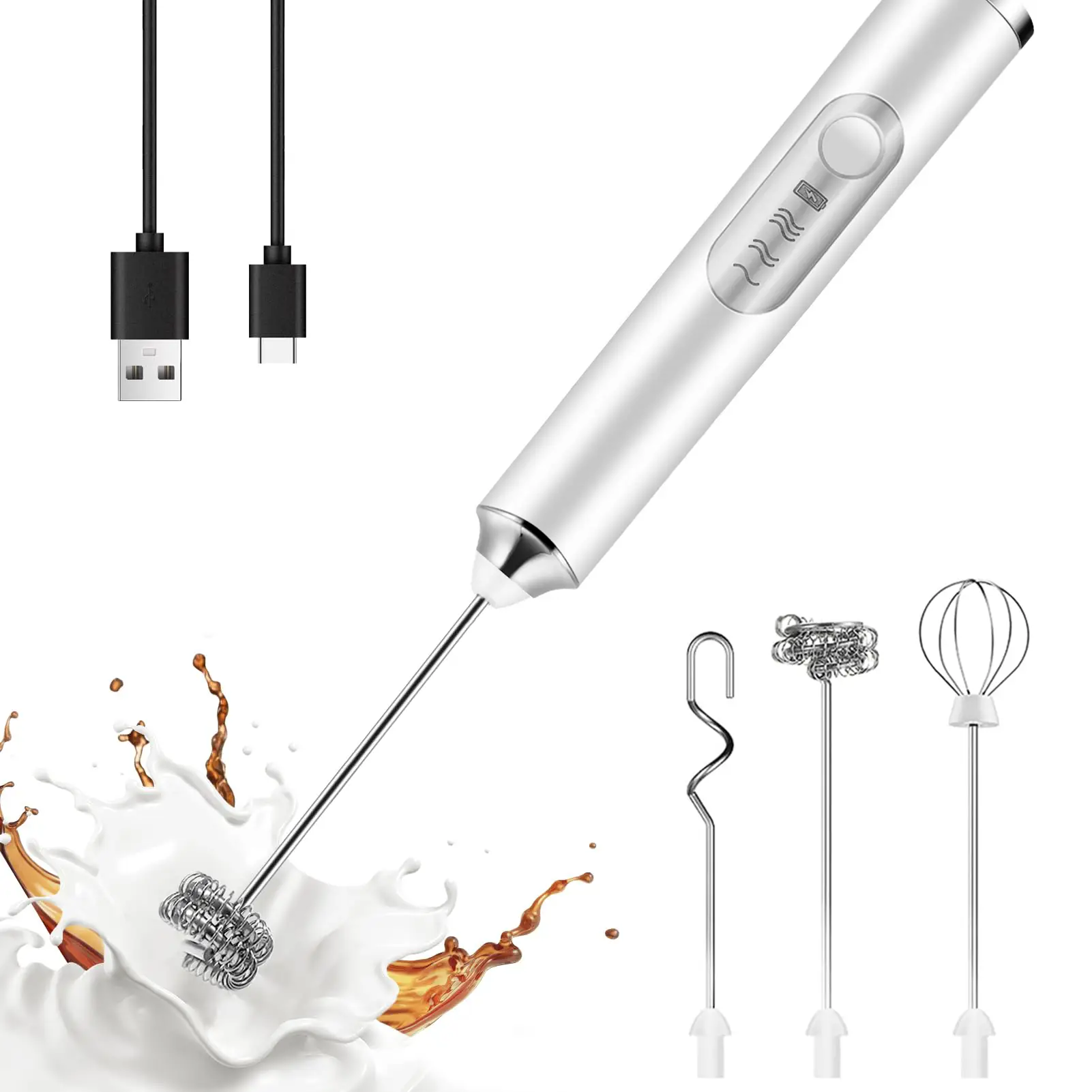 Rechargeable Milk Frother,Milk Frother Handheld with 3 Heads 3 Speeds,Coffee Mixer,Electric Milk Bubbler,Detachable Stainless Steel Whisk for Latte,Ca