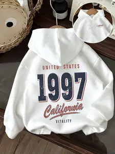 Pocket Hooded Drawstring Sweatshirt, California 1997 Print, Casual Loose Fit, Ideal for Spring & Fall, Comfortable Fashion Essential