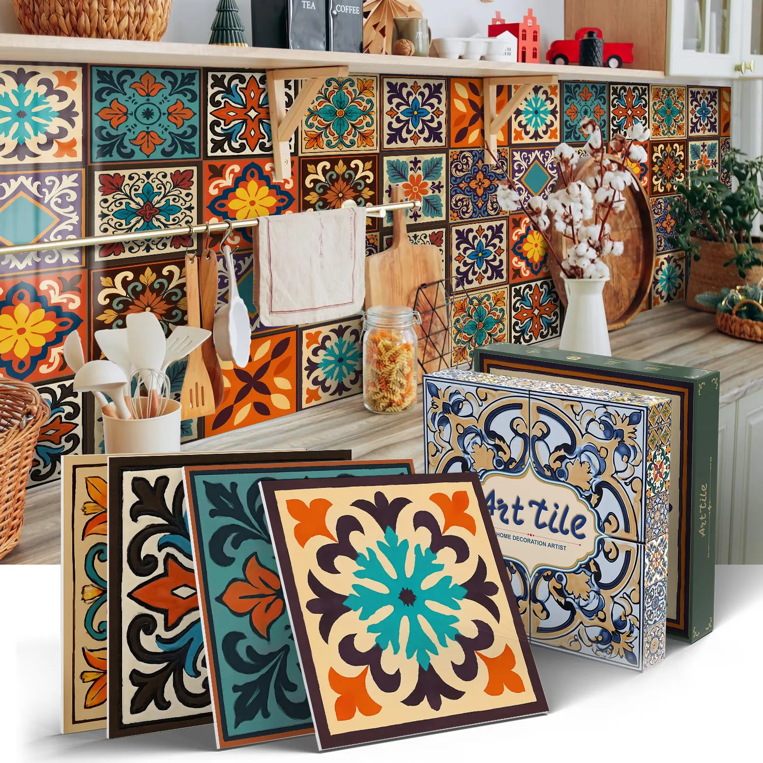 Classic Bohemian Floral Style Tile Stickers, Vinyl Wall Stickers, Waterproof & Oilproof Removable Tiles, Self-Adhesive Glossy Panels for Bathroom Kitchen, Kitchen Bathroom Decoration