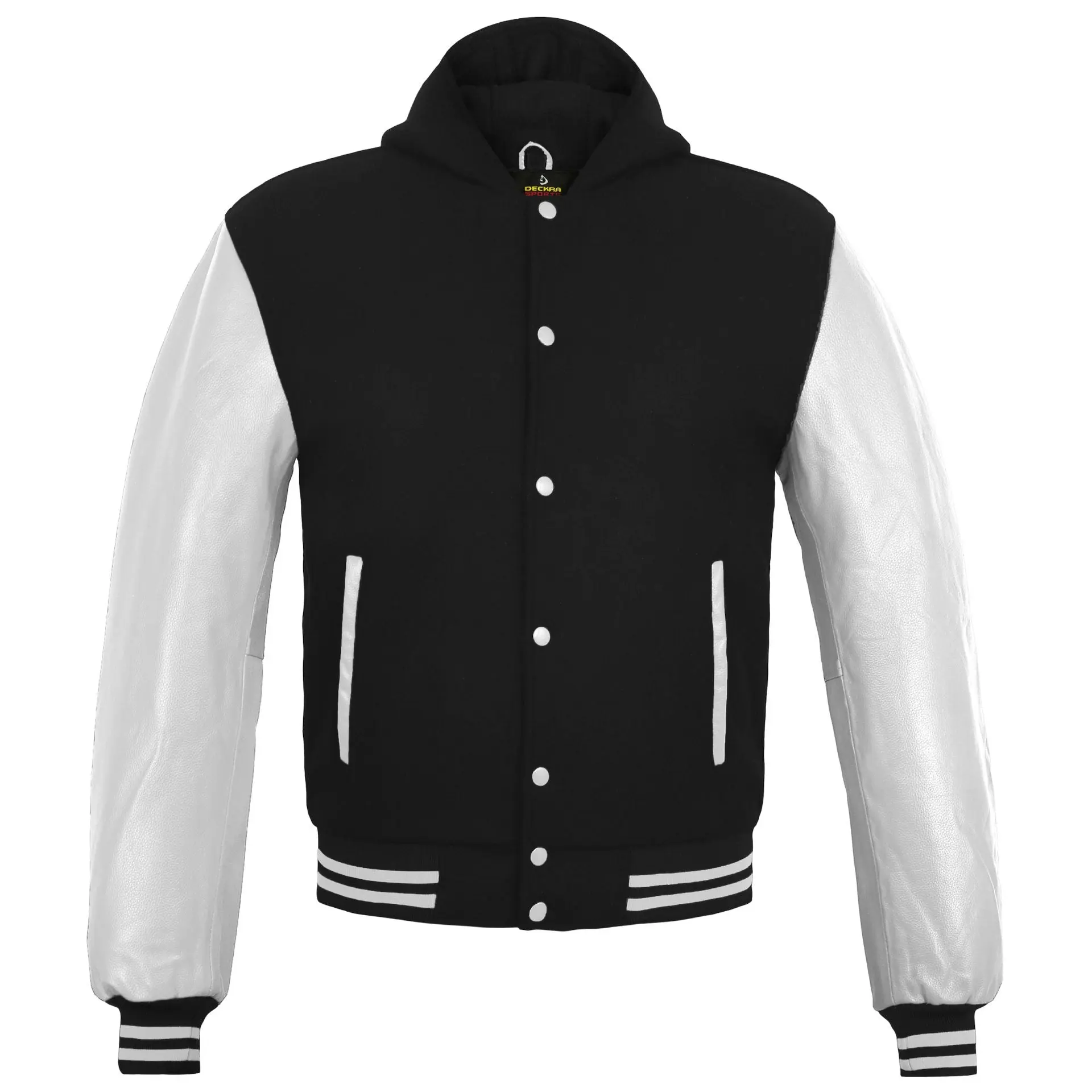 Deckra Men's Handmade Varsity Hoodie Jacket - Menswear Tops, Long Sleeve, Wool Body, Faux Leather Sleeves, Polyester Pocket, Embroidery, Sporty Chic Casual, Black/White, Button, Patches, Varsity Look, Mobile Pocket, Stylish, Baseball