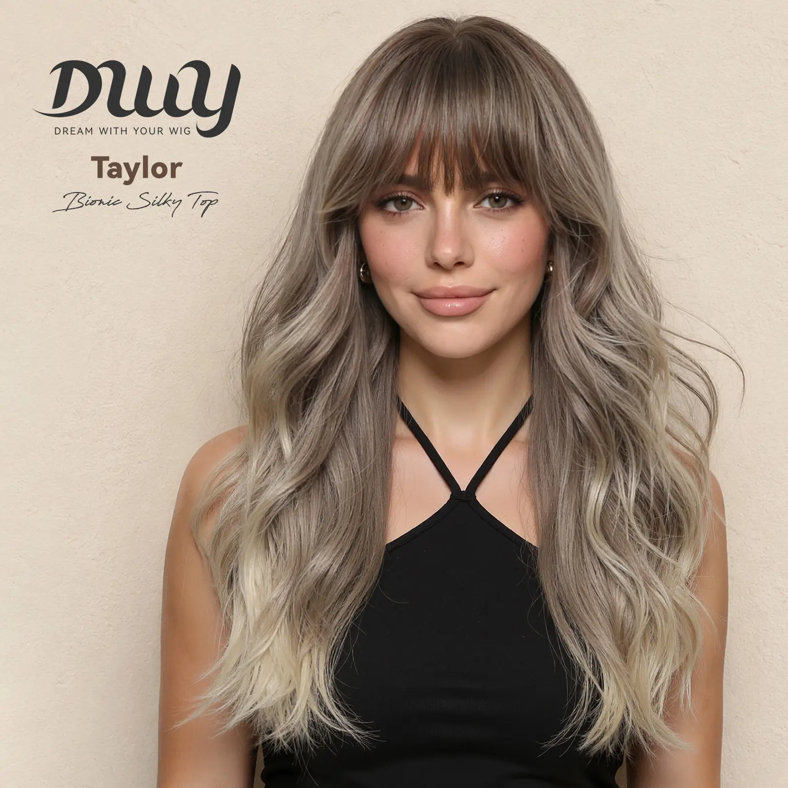 [LEXIE Exclusive] Taylor -DWY Bionic Silk Top Smoky Balayage Blonde 24-Inch Long Wave Glueless Synthetic Wig with Bangs for Women High-Quality Premium Fiber Easy Wear Comfortable Fit Straight Layered Wigs Convenient Wigs