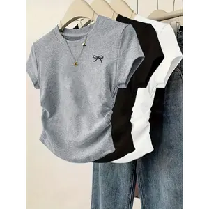 Pleated Round Neck Short Sleeve Bow Print Casual Versatile T-Shirt Top